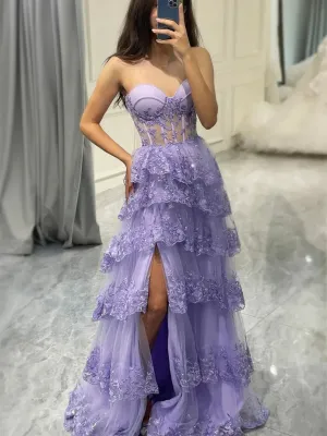 A-line Light Purple Sweetheart Tulle Evening Dress with Lace Applique, Long Prom Dress