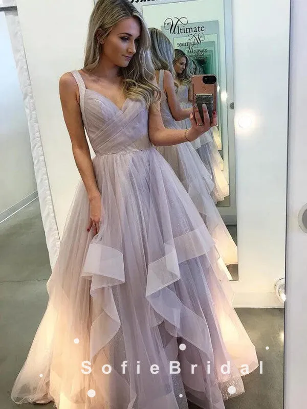 A-Line V-Neck Straps Tulle Cheap Long Prom Dresses With Pleats,SFPD0089