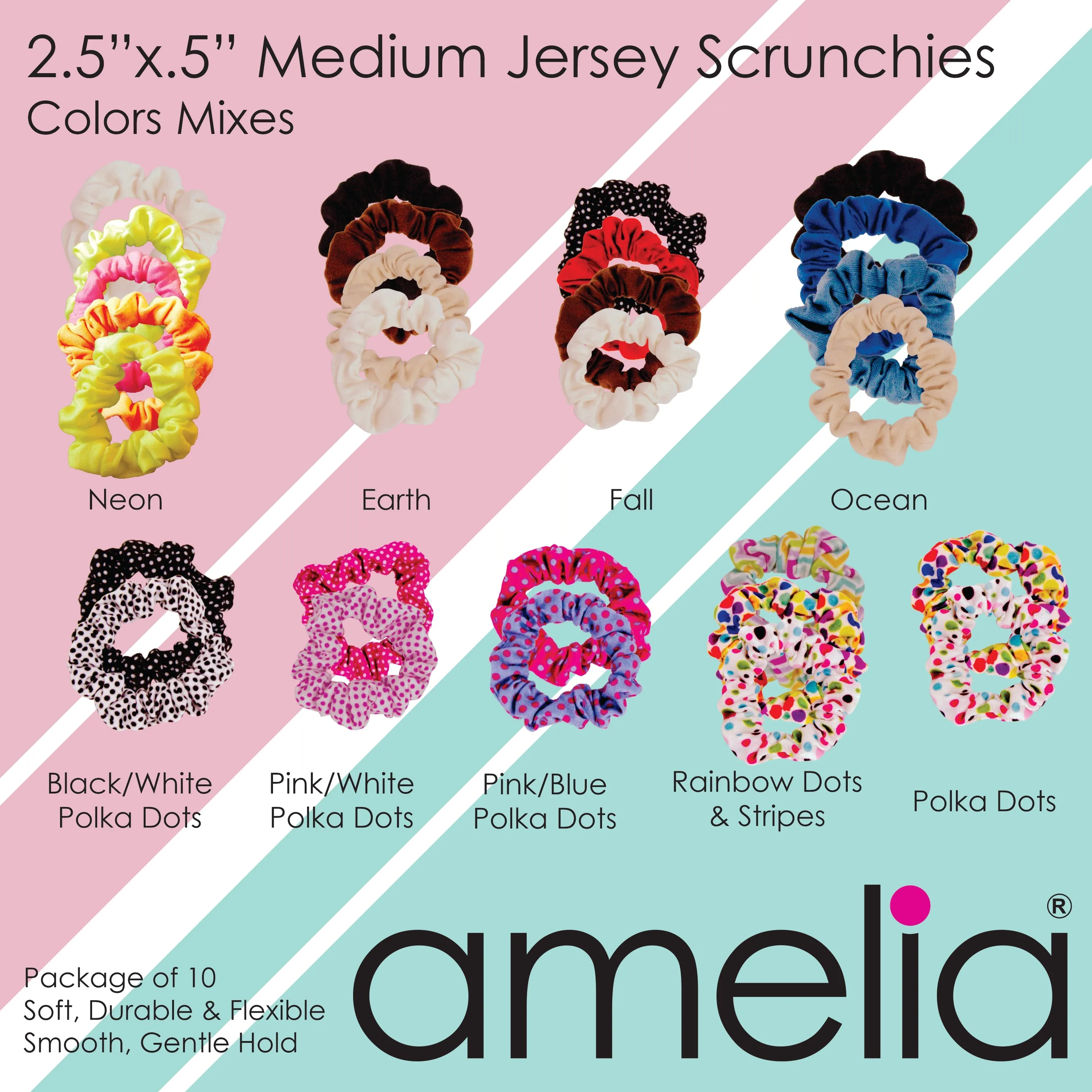 Amelia Beauty, Medium Pink Blue Dot Jersey Scrunchies, 2.5in Diameter, Gentle on Hair, Strong Hold, No Snag, No Dents or Creases. 10 Pack