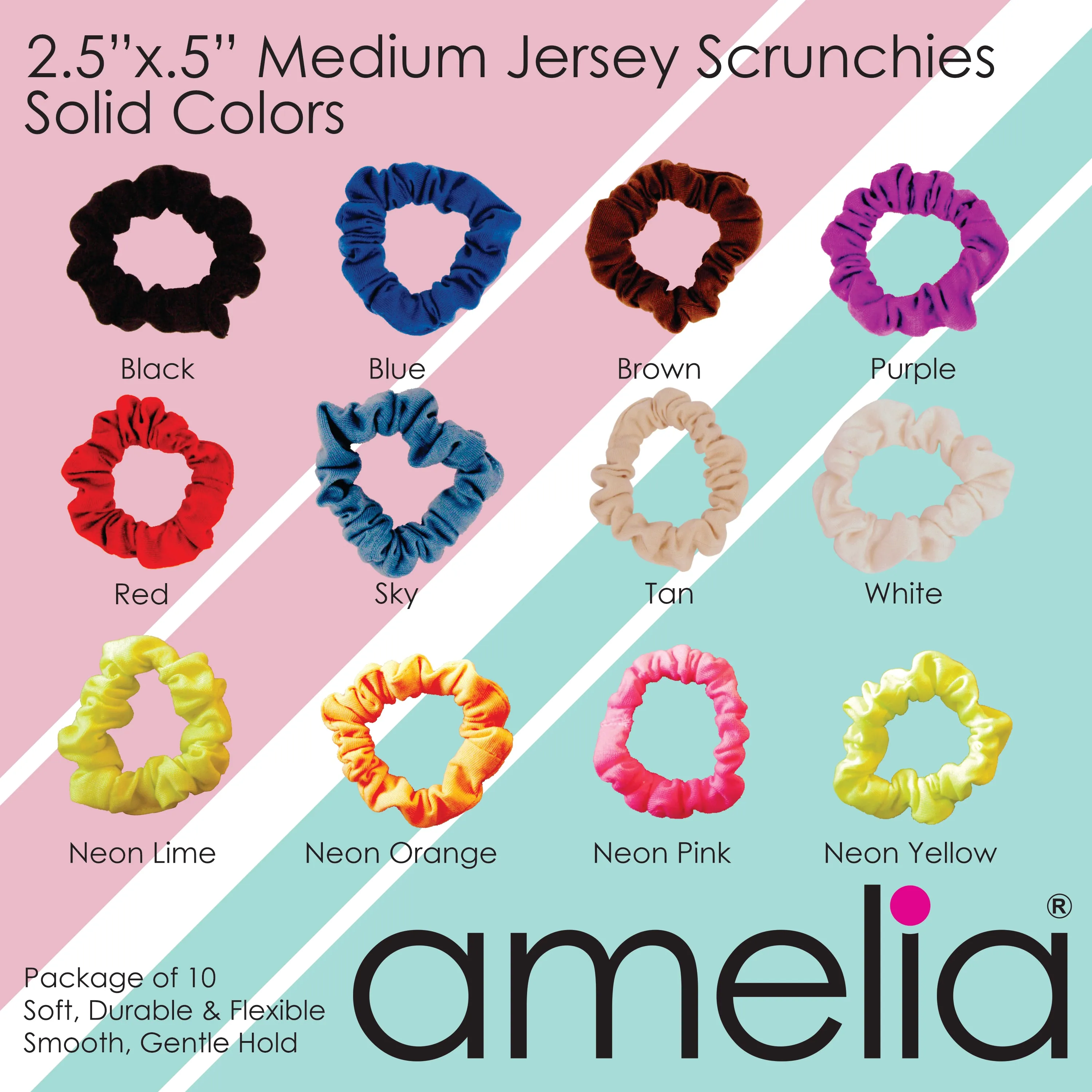 Amelia Beauty, Medium Pink Blue Dot Jersey Scrunchies, 2.5in Diameter, Gentle on Hair, Strong Hold, No Snag, No Dents or Creases. 10 Pack
