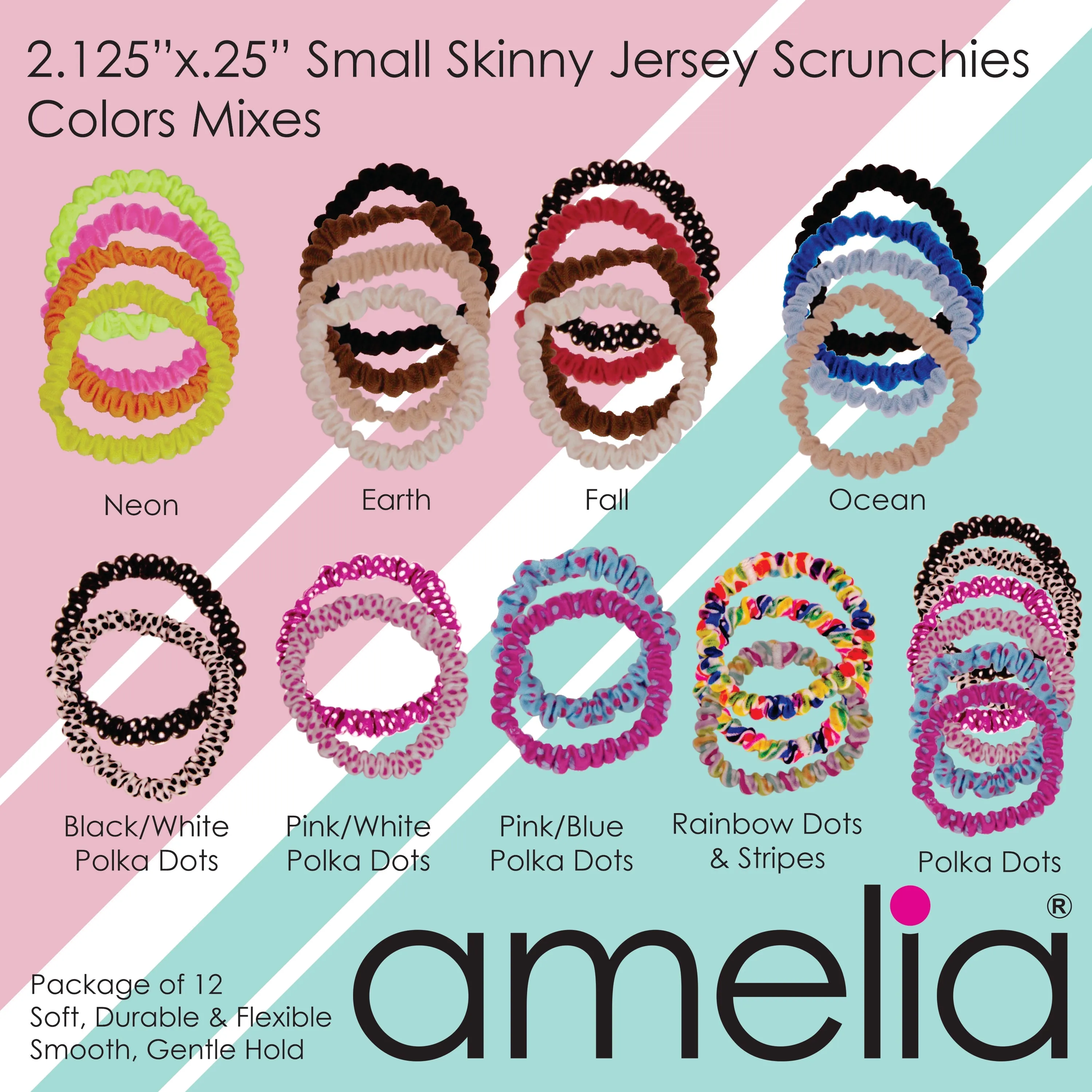 Amelia Beauty, Pastel Stripe Skinny Jersey Scrunchies, 2.125in Diameter, Gentle on Hair, Strong Hold, No Snag, No Dents or Creases. 12 Pack