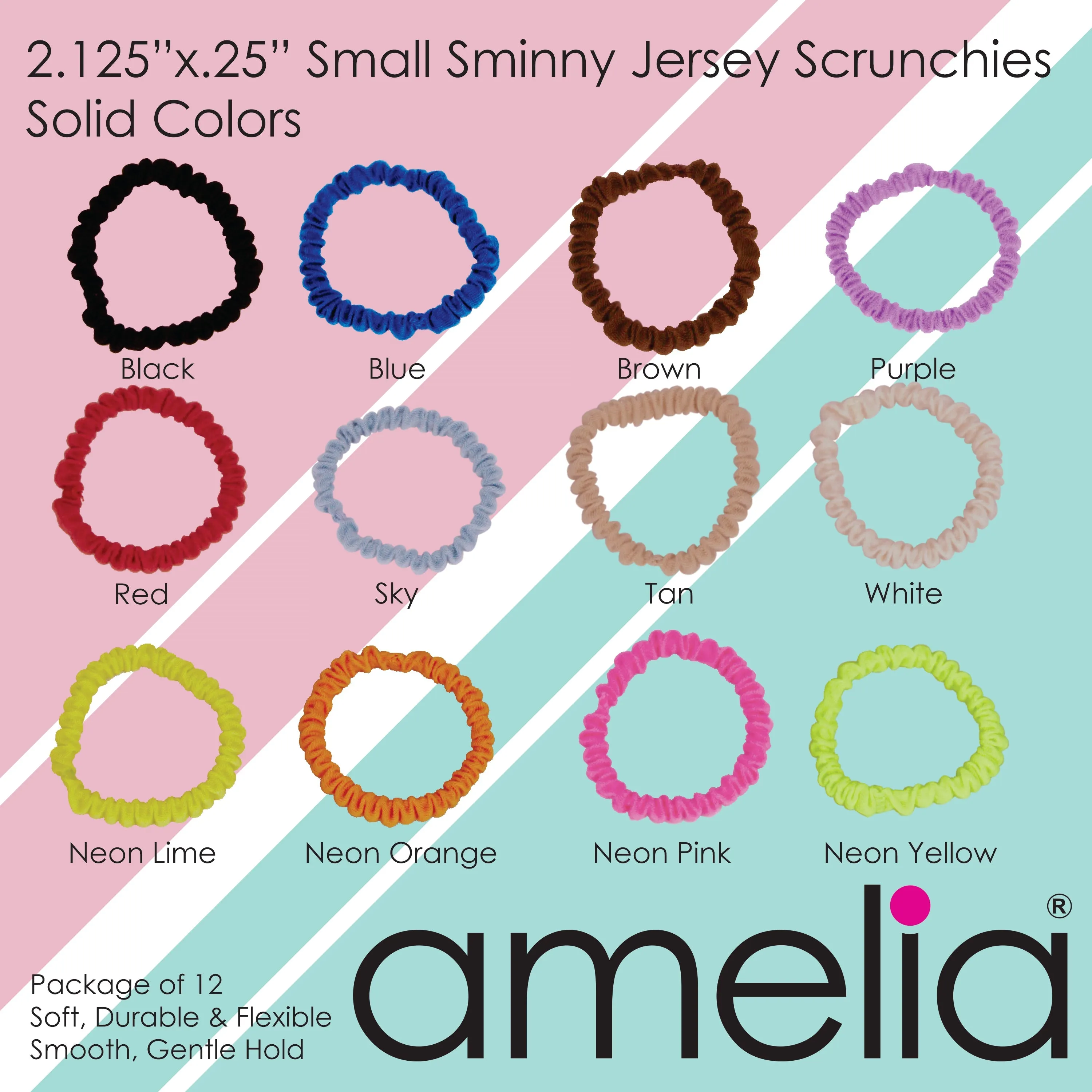 Amelia Beauty, Pastel Stripe Skinny Jersey Scrunchies, 2.125in Diameter, Gentle on Hair, Strong Hold, No Snag, No Dents or Creases. 12 Pack