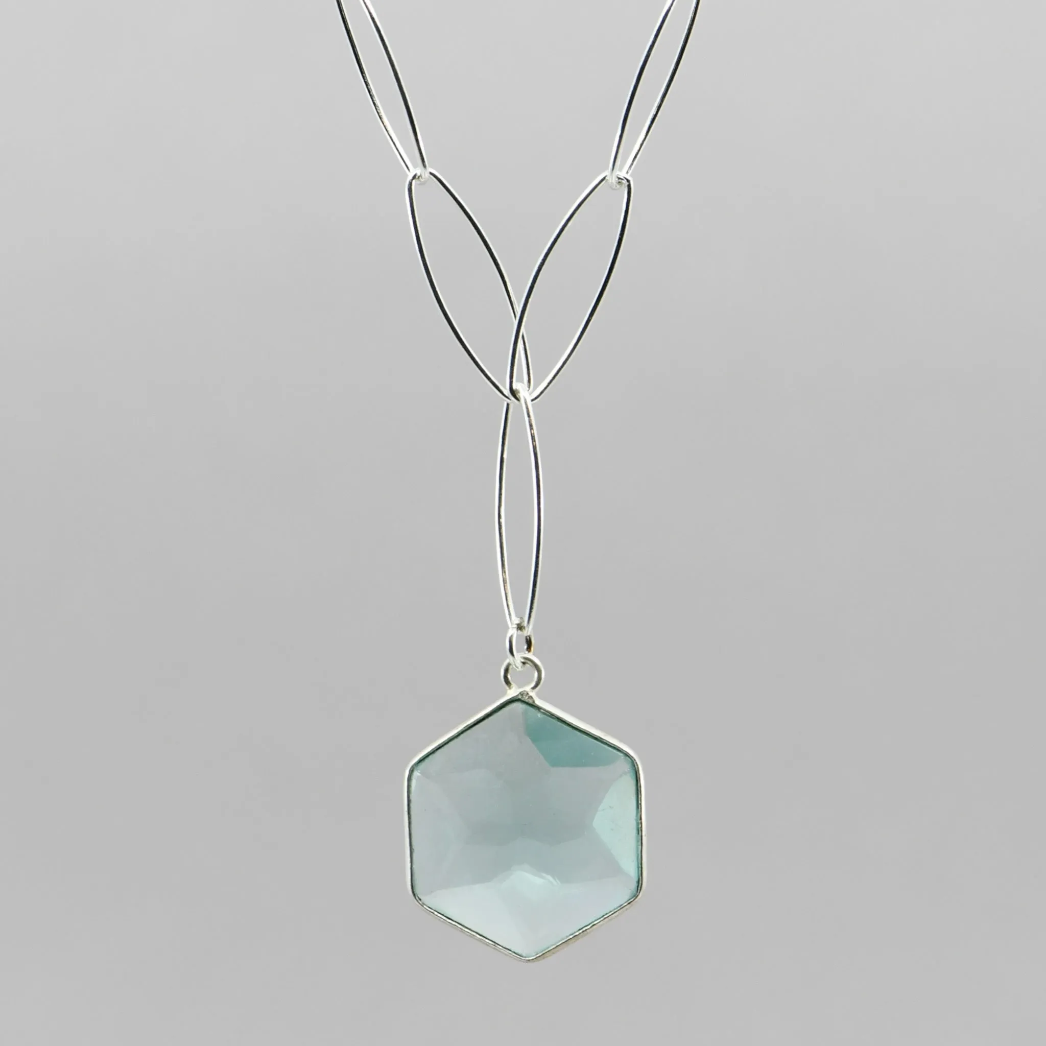 Aqua Blue Topaz Necklace 18" | Hexagon Pendant Sterling Silver Adjustable Chain | Handmade Y Necklace