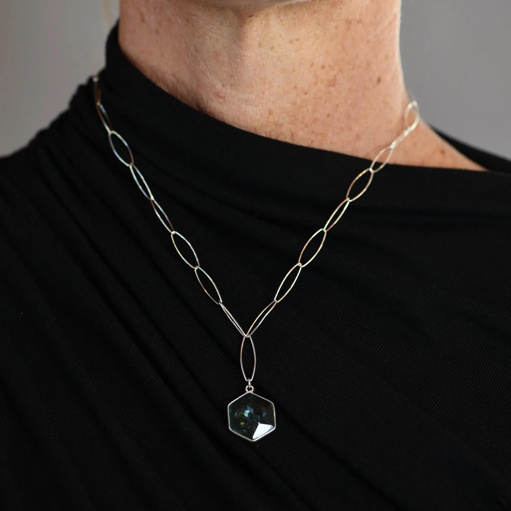 Aqua Blue Topaz Necklace 18" | Hexagon Pendant Sterling Silver Adjustable Chain | Handmade Y Necklace