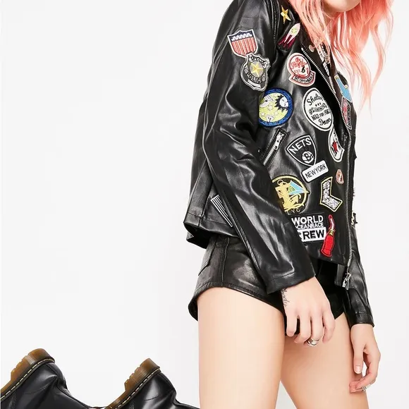 Black Leather Jacket with Colorful Patches