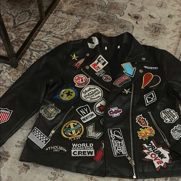 Black Leather Jacket with Colorful Patches