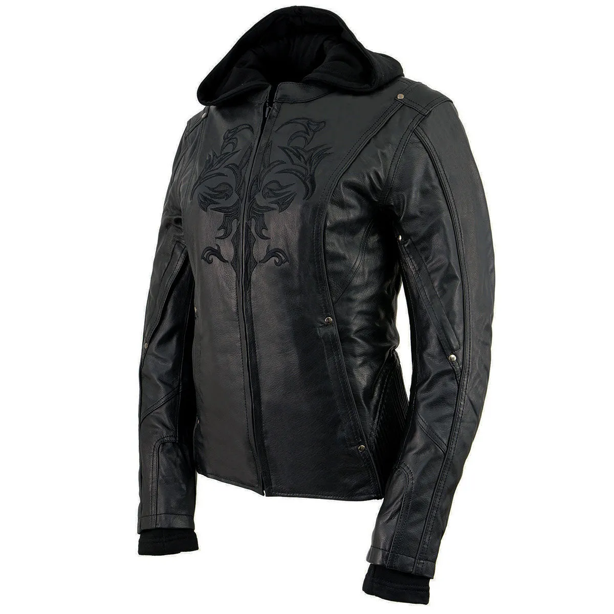 BLACK ML2066 Women's 3/4 Black Leather Hoodie Jacket with Reflective Tribal Design