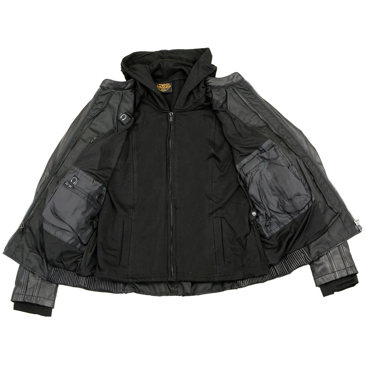 BLACK ML2066 Women's 3/4 Black Leather Hoodie Jacket with Reflective Tribal Design