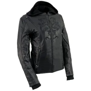 BLACK ML2066 Women's 3/4 Black Leather Hoodie Jacket with Reflective Tribal Design