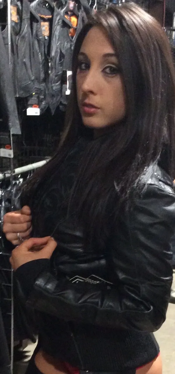 BLACK ML2066 Women's 3/4 Black Leather Hoodie Jacket with Reflective Tribal Design