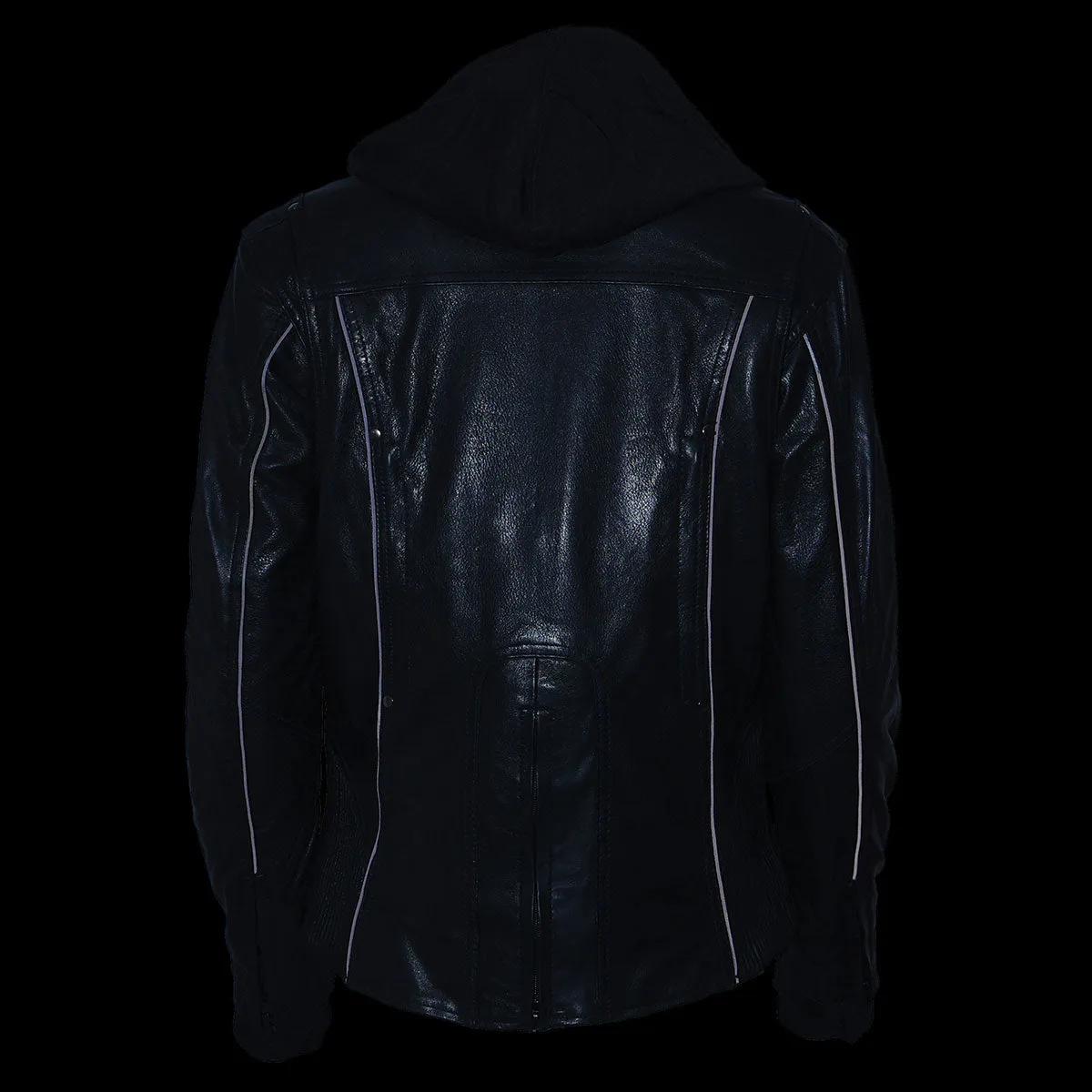 BLACK ML2066 Women's 3/4 Black Leather Hoodie Jacket with Reflective Tribal Design