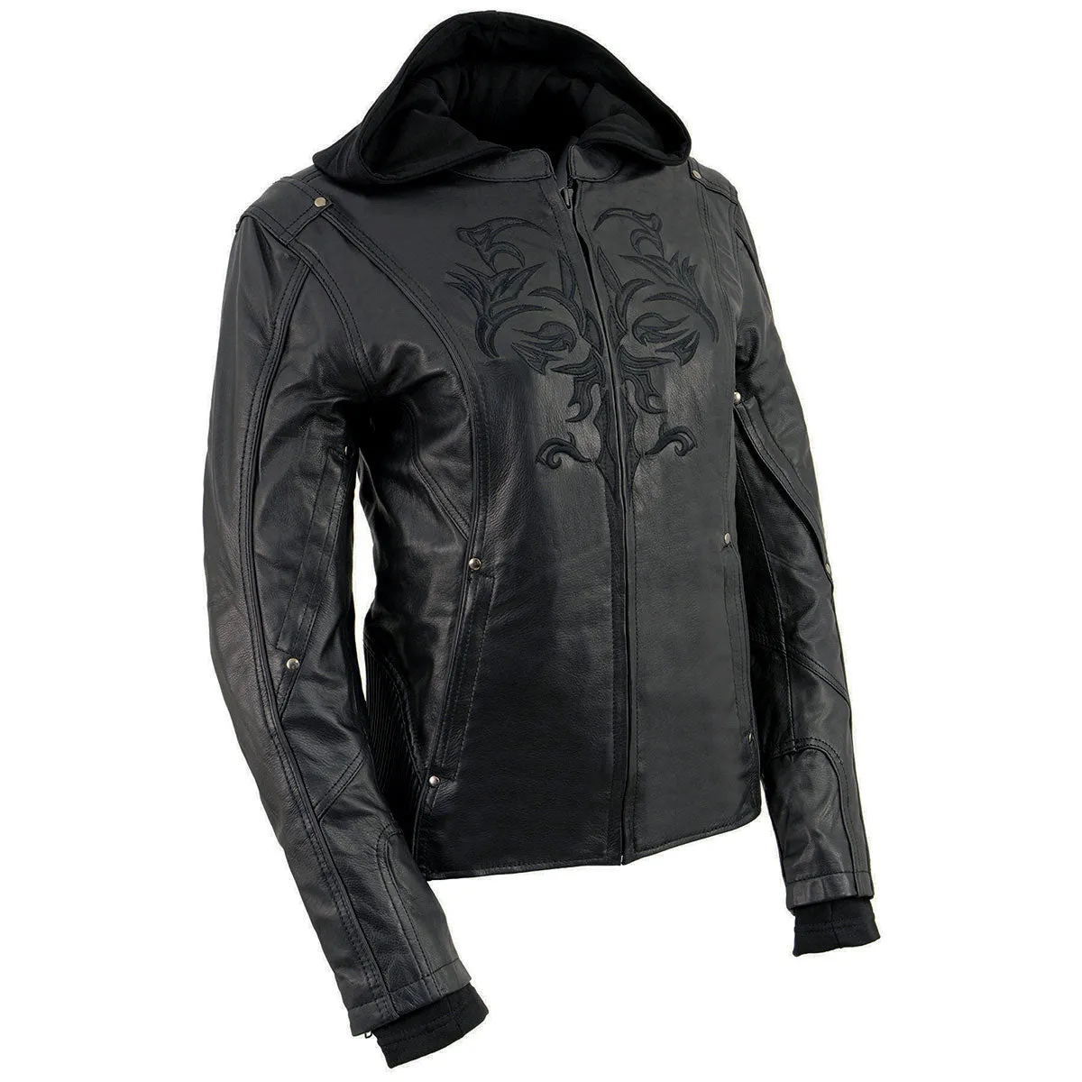 BLACK ML2066 Women's 3/4 Black Leather Hoodie Jacket with Reflective Tribal Design