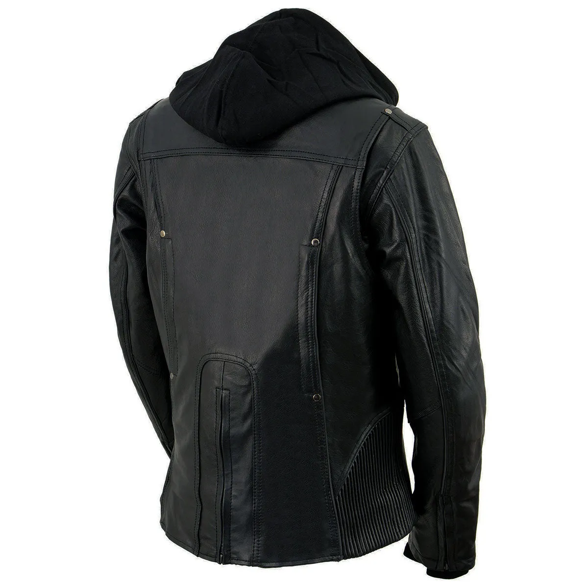 BLACK ML2066 Women's 3/4 Black Leather Hoodie Jacket with Reflective Tribal Design