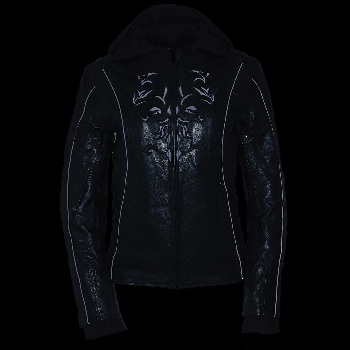 BLACK ML2066 Women's 3/4 Black Leather Hoodie Jacket with Reflective Tribal Design