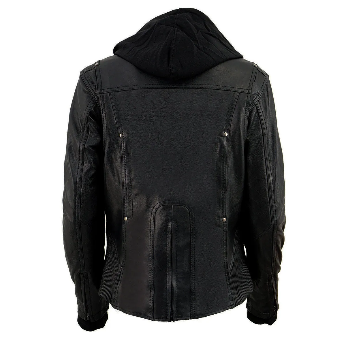 BLACK ML2066 Women's 3/4 Black Leather Hoodie Jacket with Reflective Tribal Design