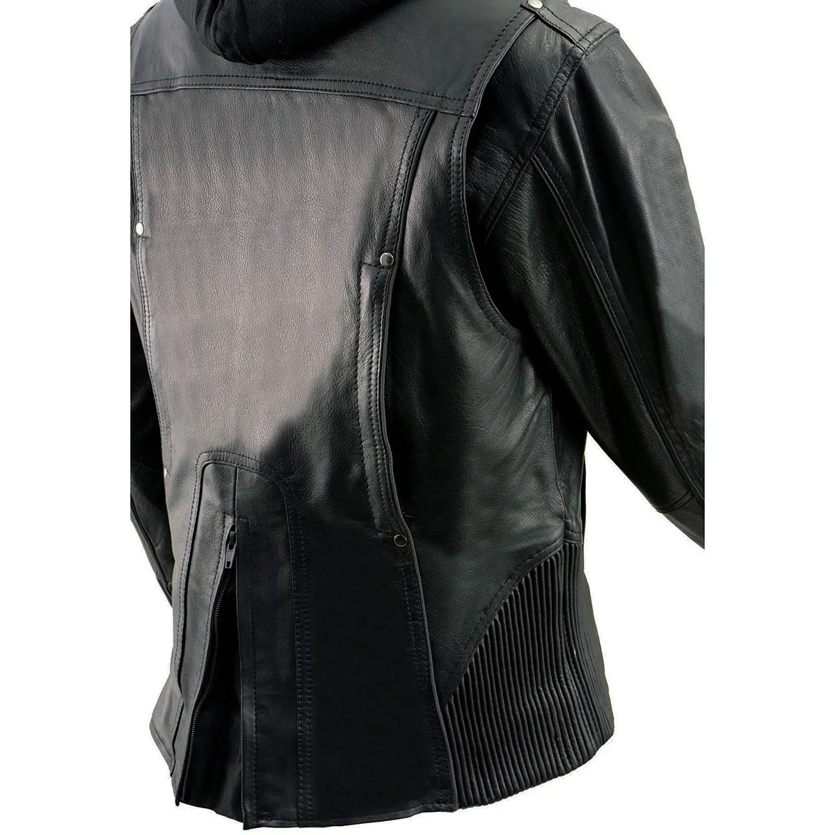 BLACK ML2066 Women's 3/4 Black Leather Hoodie Jacket with Reflective Tribal Design
