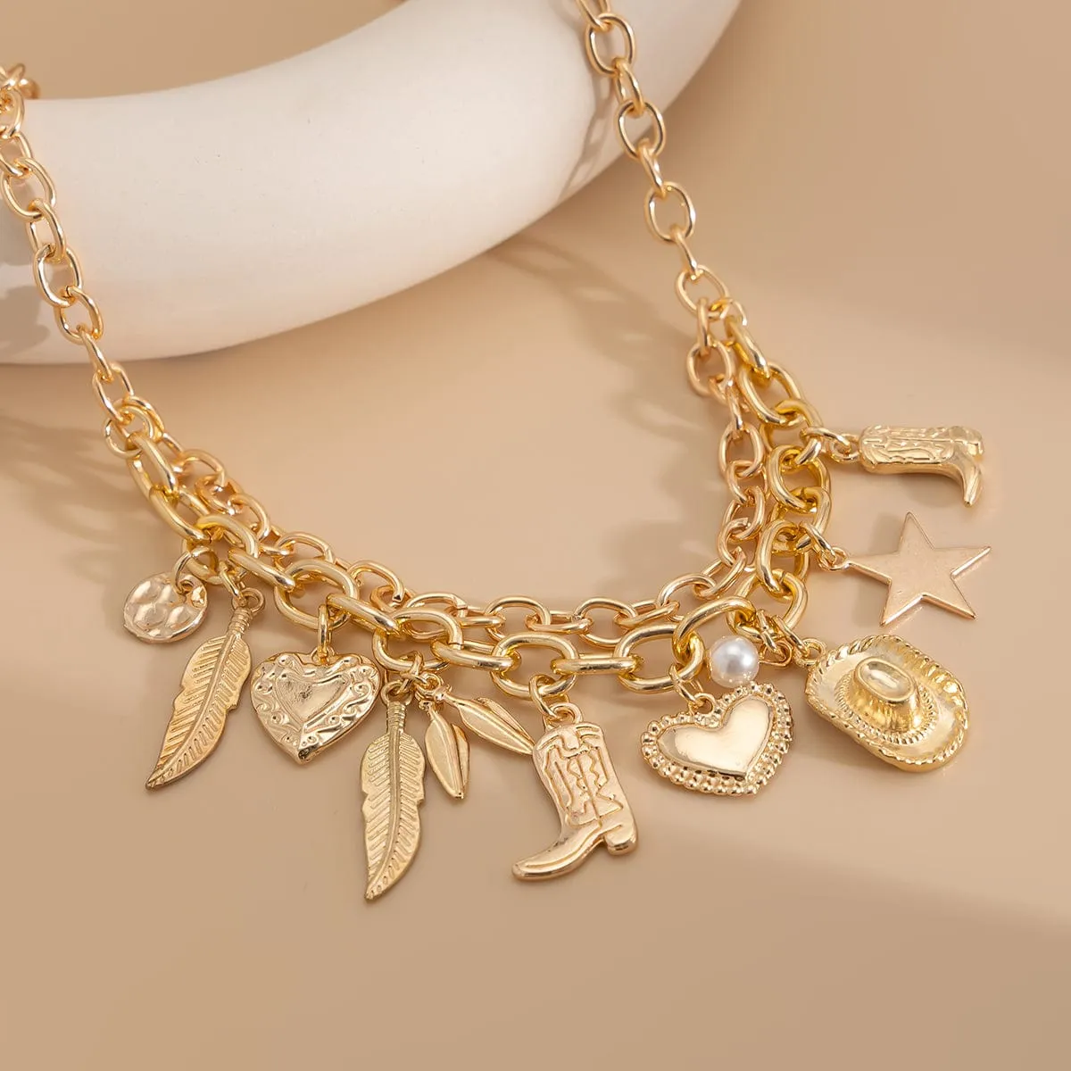 Boho Gold Silver Plated Star Heart Boot Cowboy Hat Charm Necklace
