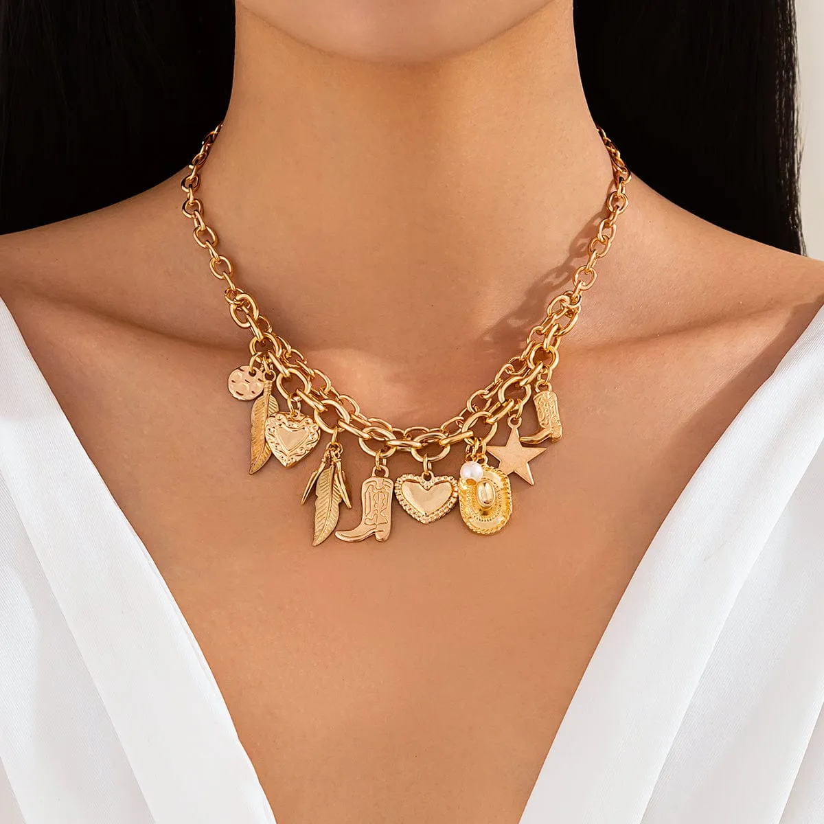 Boho Gold Silver Plated Star Heart Boot Cowboy Hat Charm Necklace