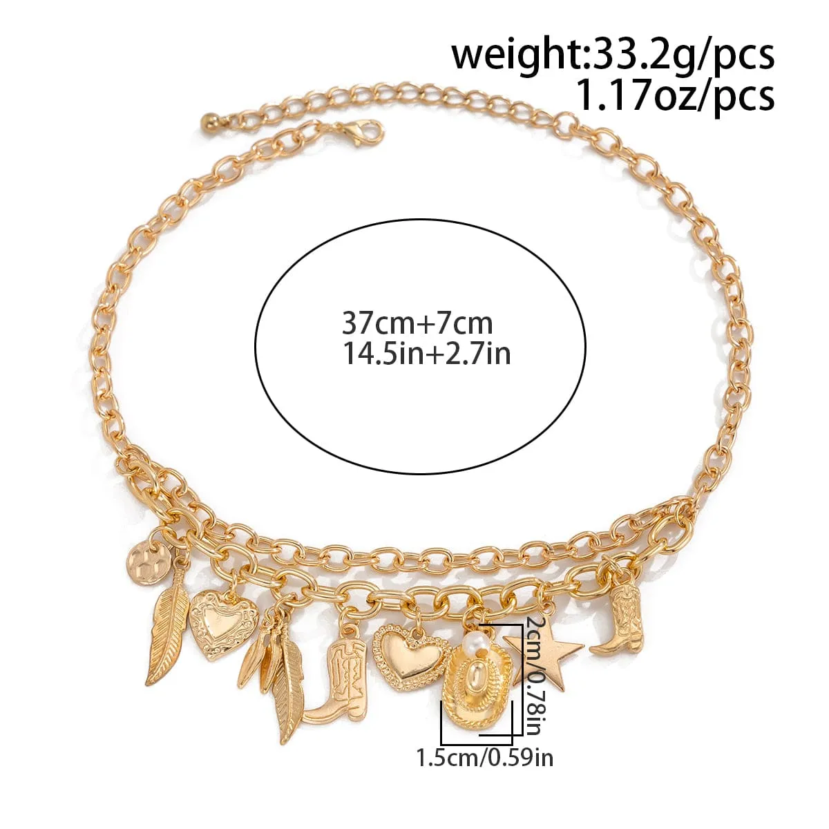 Boho Gold Silver Plated Star Heart Boot Cowboy Hat Charm Necklace