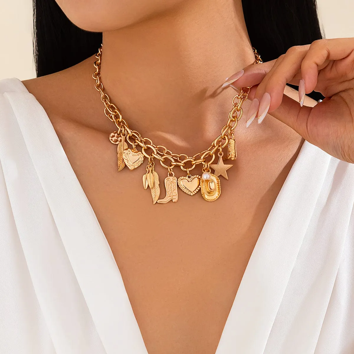 Boho Gold Silver Plated Star Heart Boot Cowboy Hat Charm Necklace