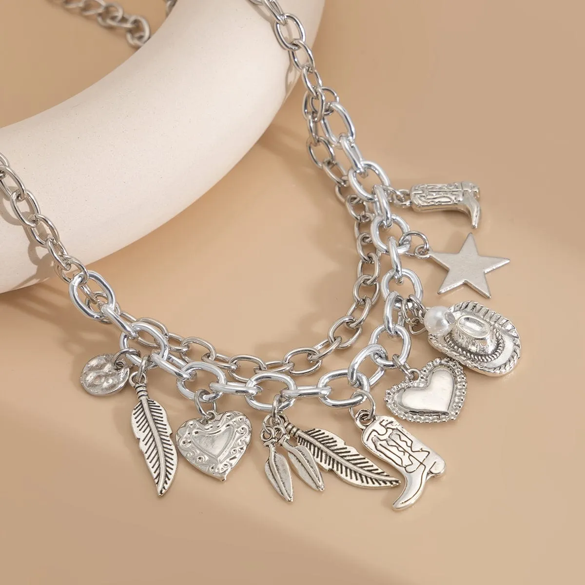 Boho Gold Silver Plated Star Heart Boot Cowboy Hat Charm Necklace