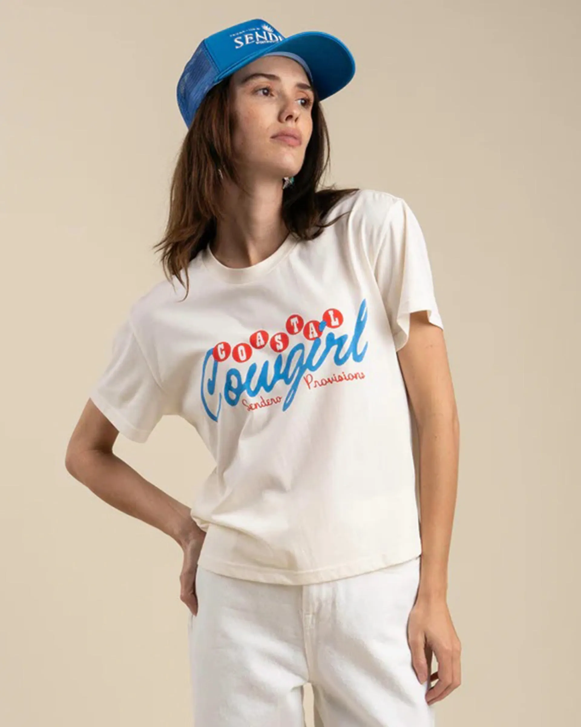 Coastal Cowgirl Boxy Tee - Vintage White/Blue Print