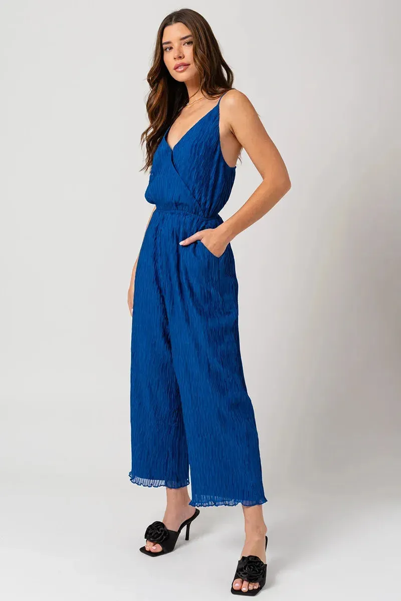 Cobalt Blue Accordion Pleated Wide Leg Jumpsuit