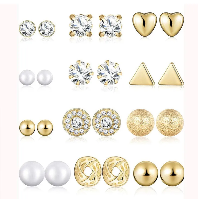 Combo Of 12 Pair Golden Stones Pearl Stud Earrings