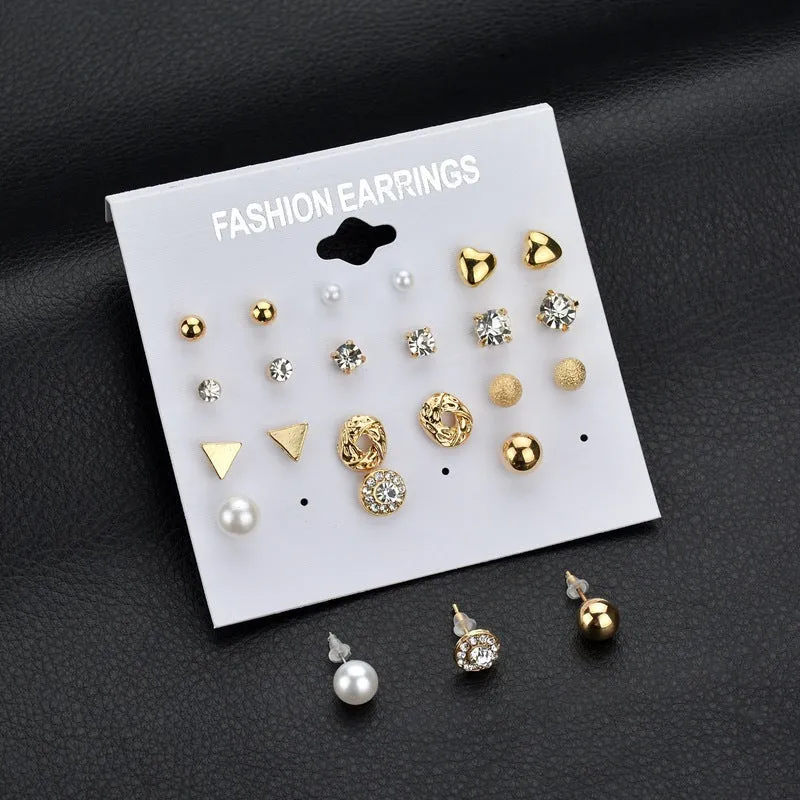 Combo Of 12 Pair Golden Stones Pearl Stud Earrings