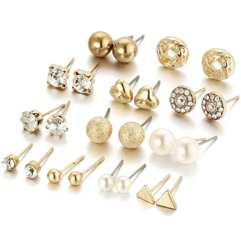 Combo Of 12 Pair Golden Stones Pearl Stud Earrings