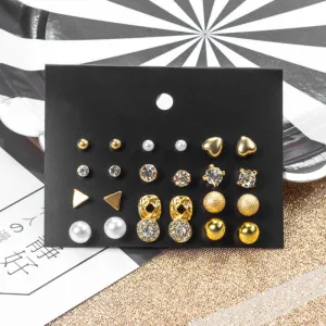 Combo Of 12 Pair Golden Stones Pearl Stud Earrings