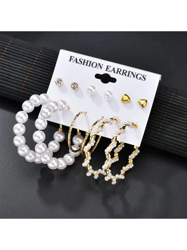 Combo of 12 Pair Pearl Crystal Heart Studs & Hoop Earrings