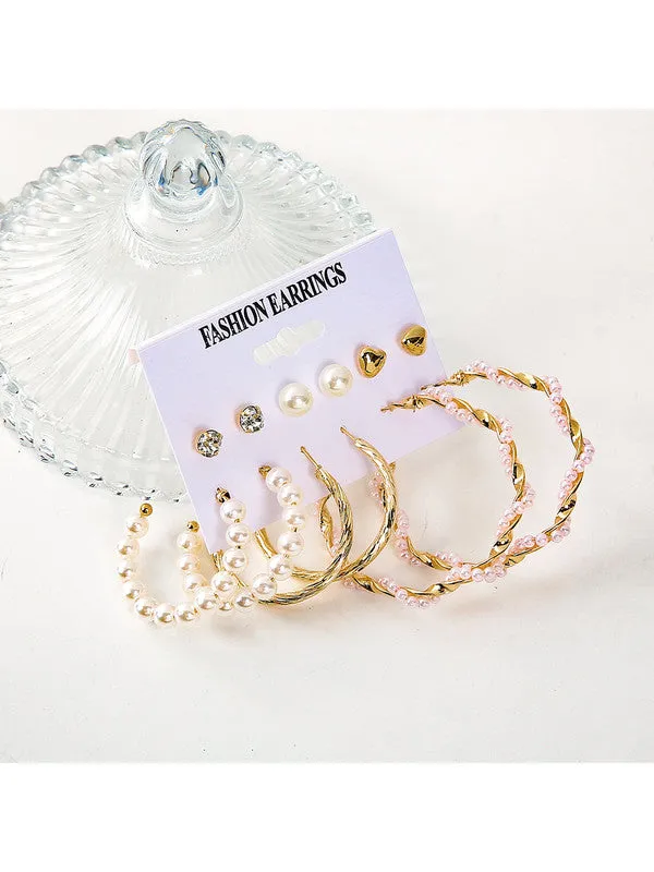 Combo of 12 Pair Pearl Crystal Heart Studs & Hoop Earrings