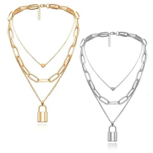 Combo of 2 Golden and Silver Heart Lock Pendant