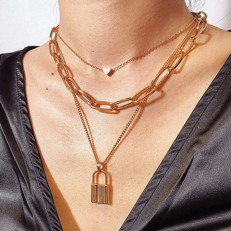 Combo of 2 Golden and Silver Heart Lock Pendant