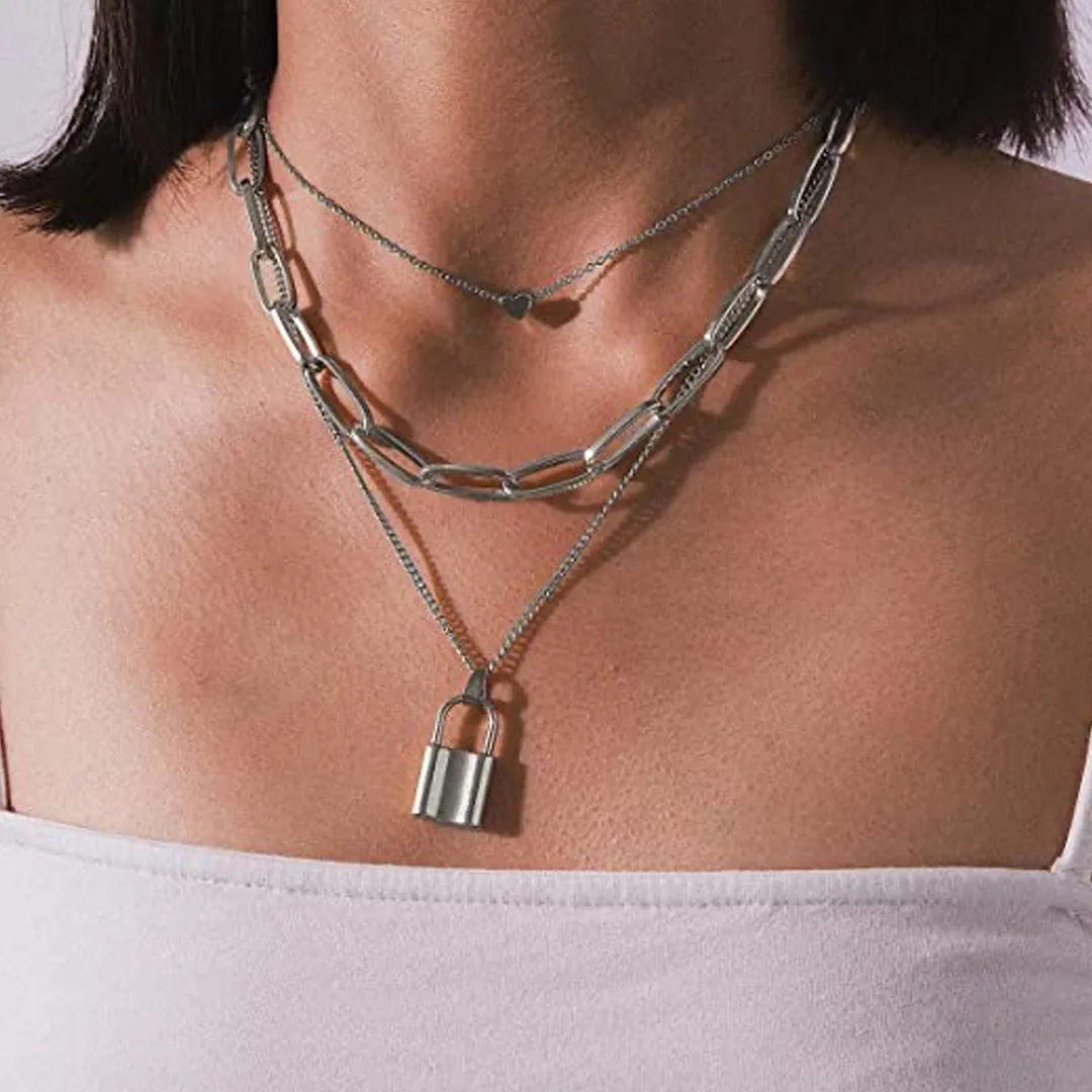 Combo of 2 Golden and Silver Heart Lock Pendant