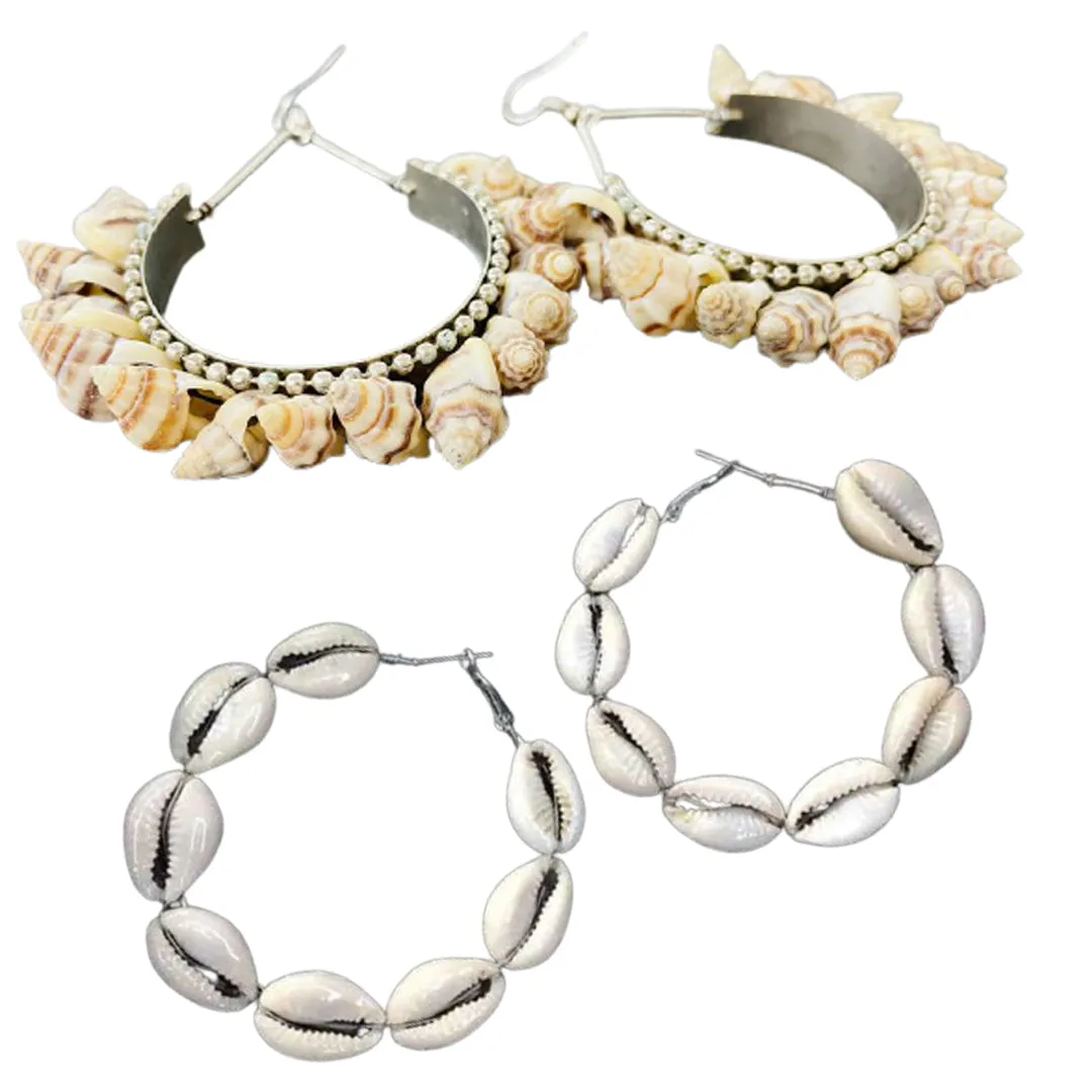 Combo Of 2 White Grey Sea Shell Hoop Earrings