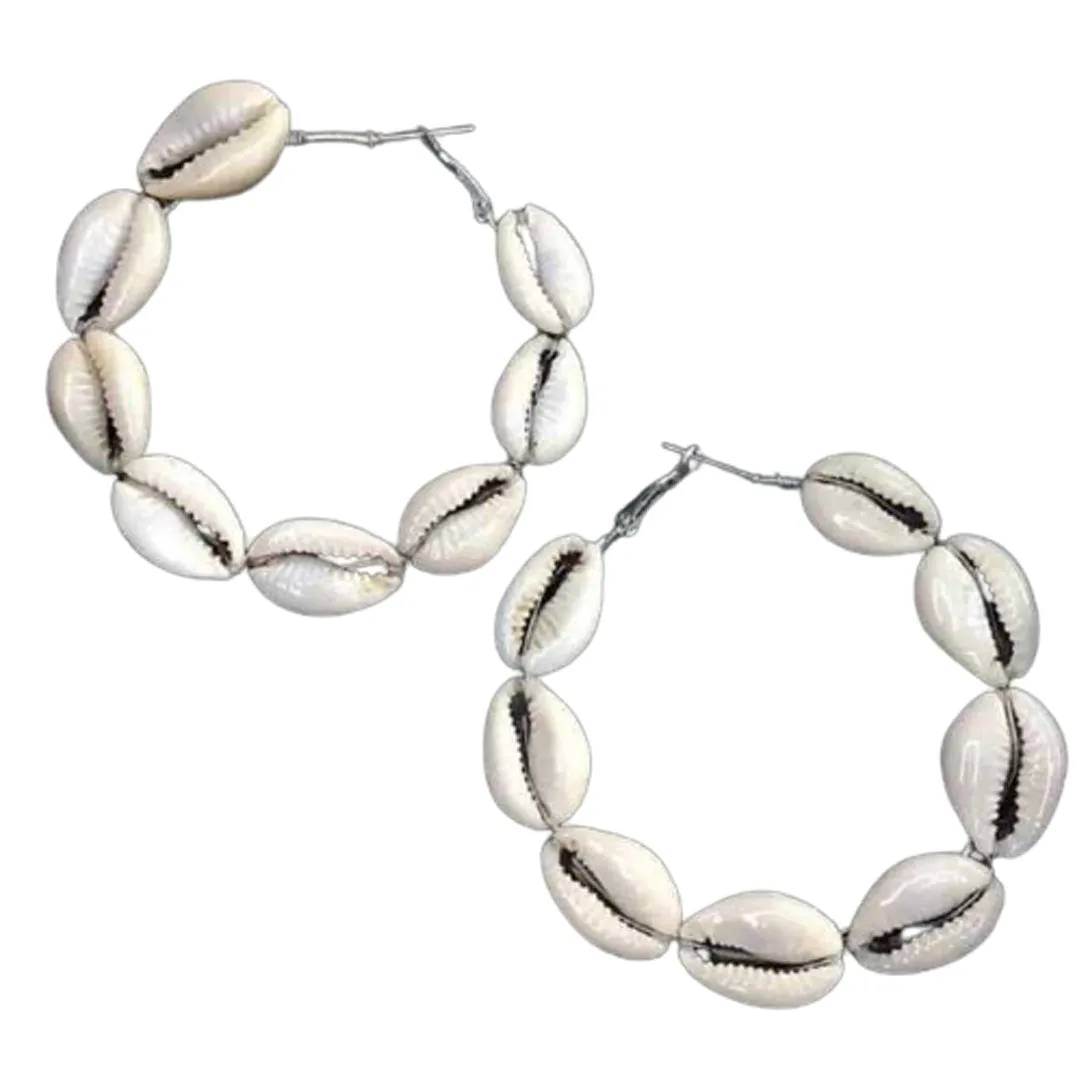 Combo Of 2 White Grey Sea Shell Hoop Earrings
