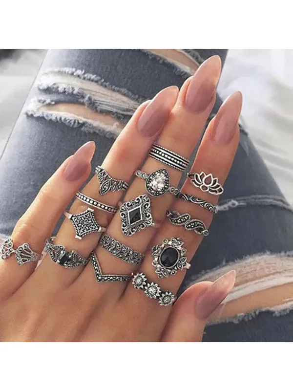 Combo of 24 Pcs Silver Vintage Floral Designs Plushy Ring Set