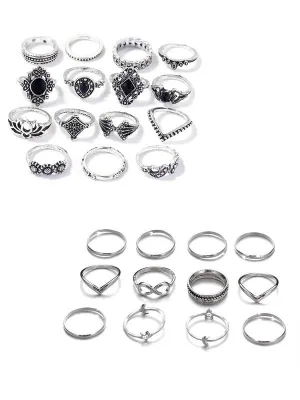 Combo of 24 Pcs Silver Vintage Floral Designs Plushy Ring Set