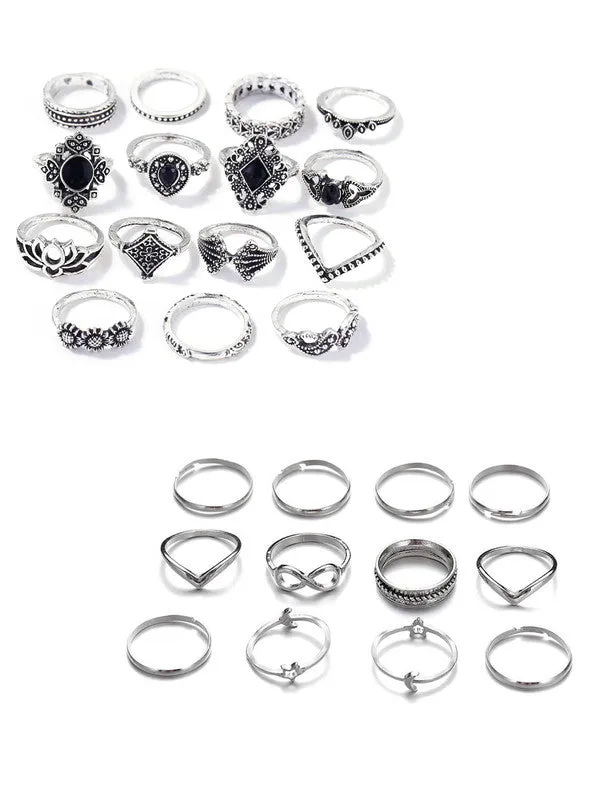 Combo of 24 Pcs Silver Vintage Floral Designs Plushy Ring Set