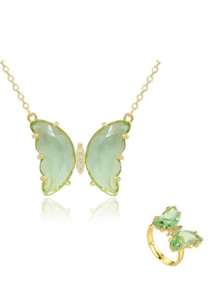 Combo of Green Crystal Butterfly Pendant With Ring