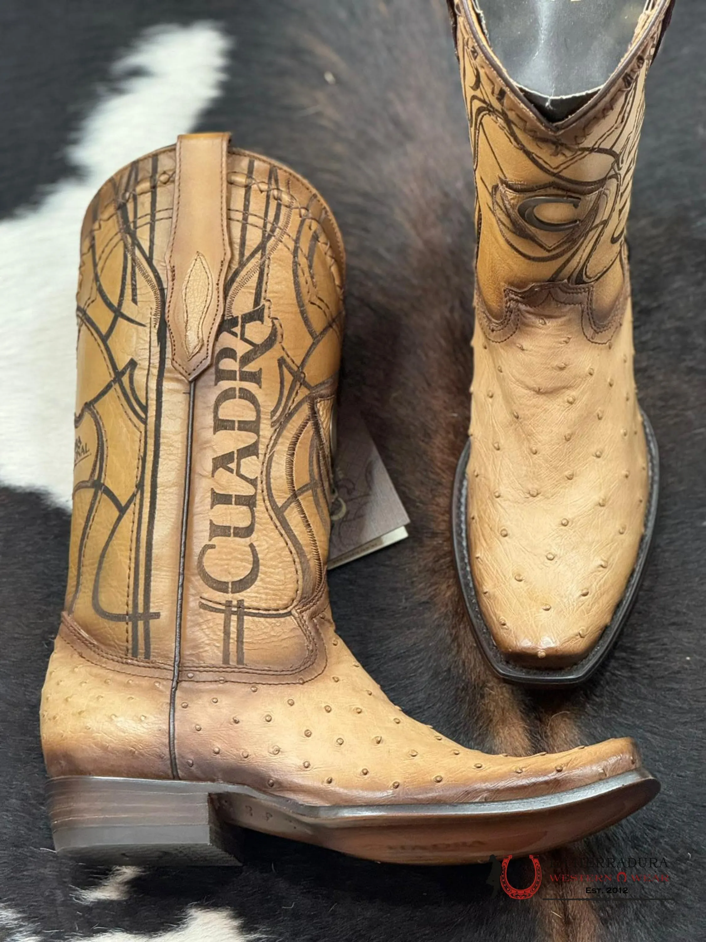 CUADRA BOOTS OSTRICH FLAME ORIX LASER & WOVEN NARROW SQUARE TOE