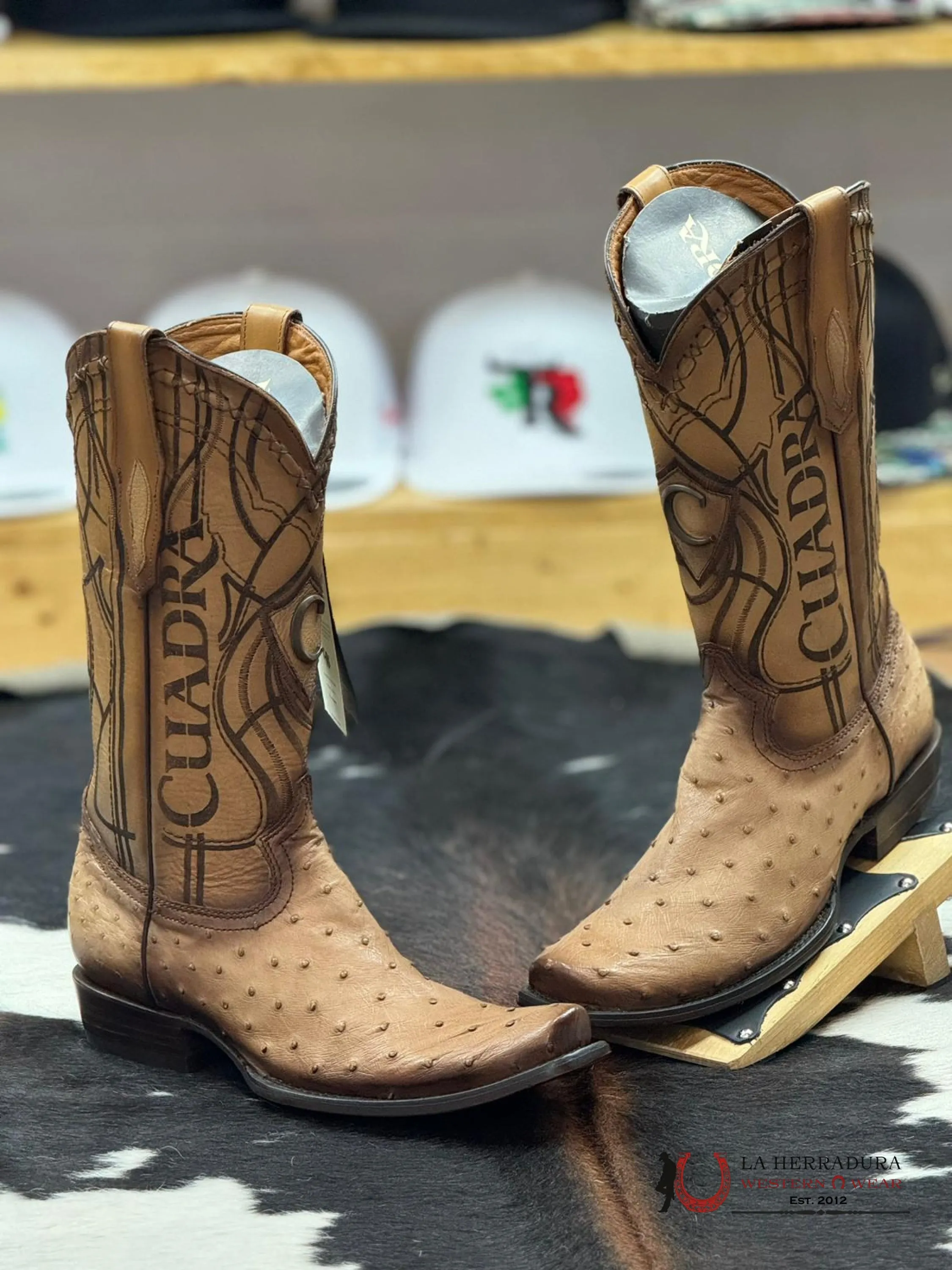 CUADRA BOOTS OSTRICH FLAME ORIX LASER & WOVEN NARROW SQUARE TOE
