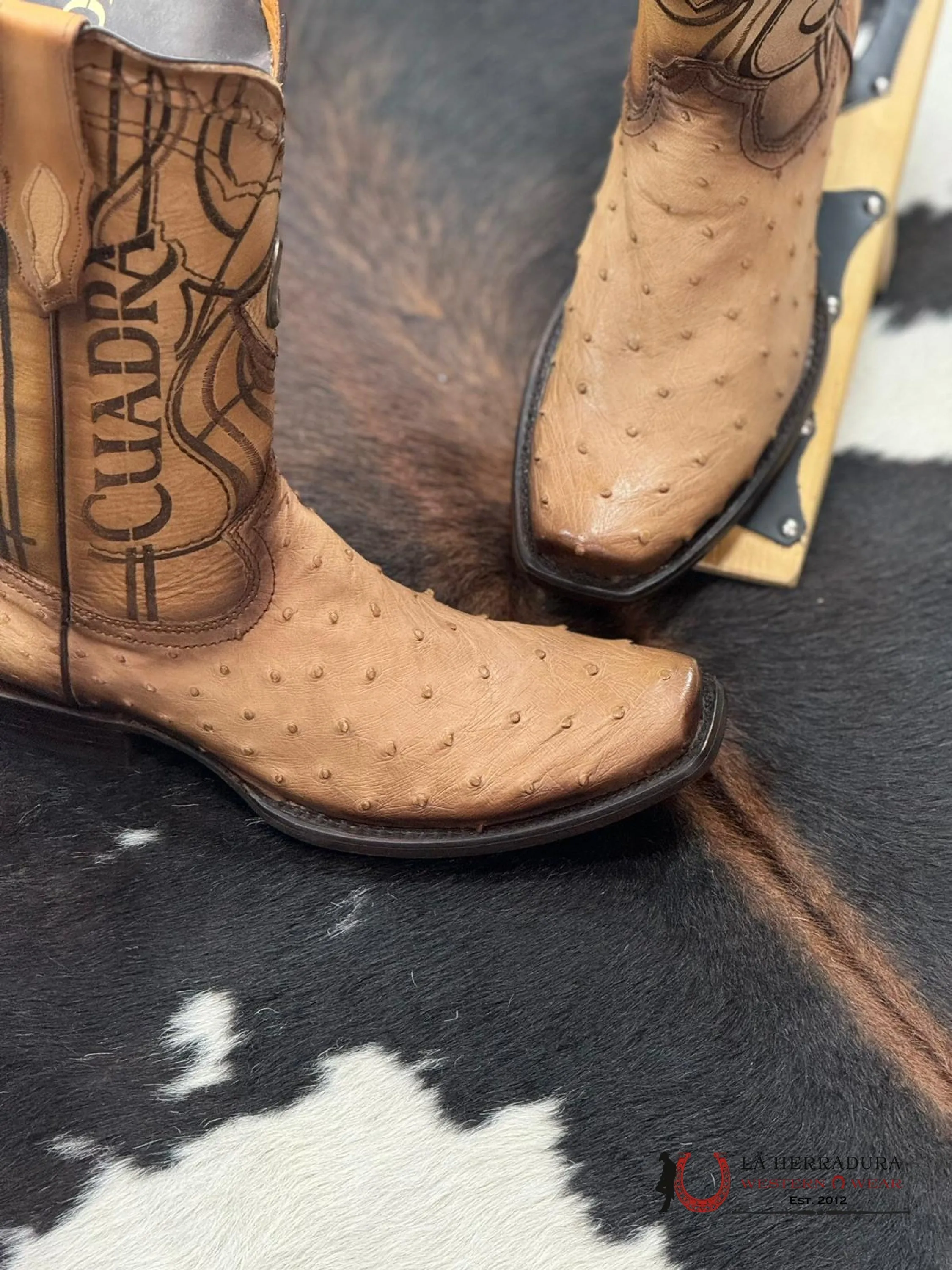 CUADRA BOOTS OSTRICH FLAME ORIX LASER & WOVEN NARROW SQUARE TOE