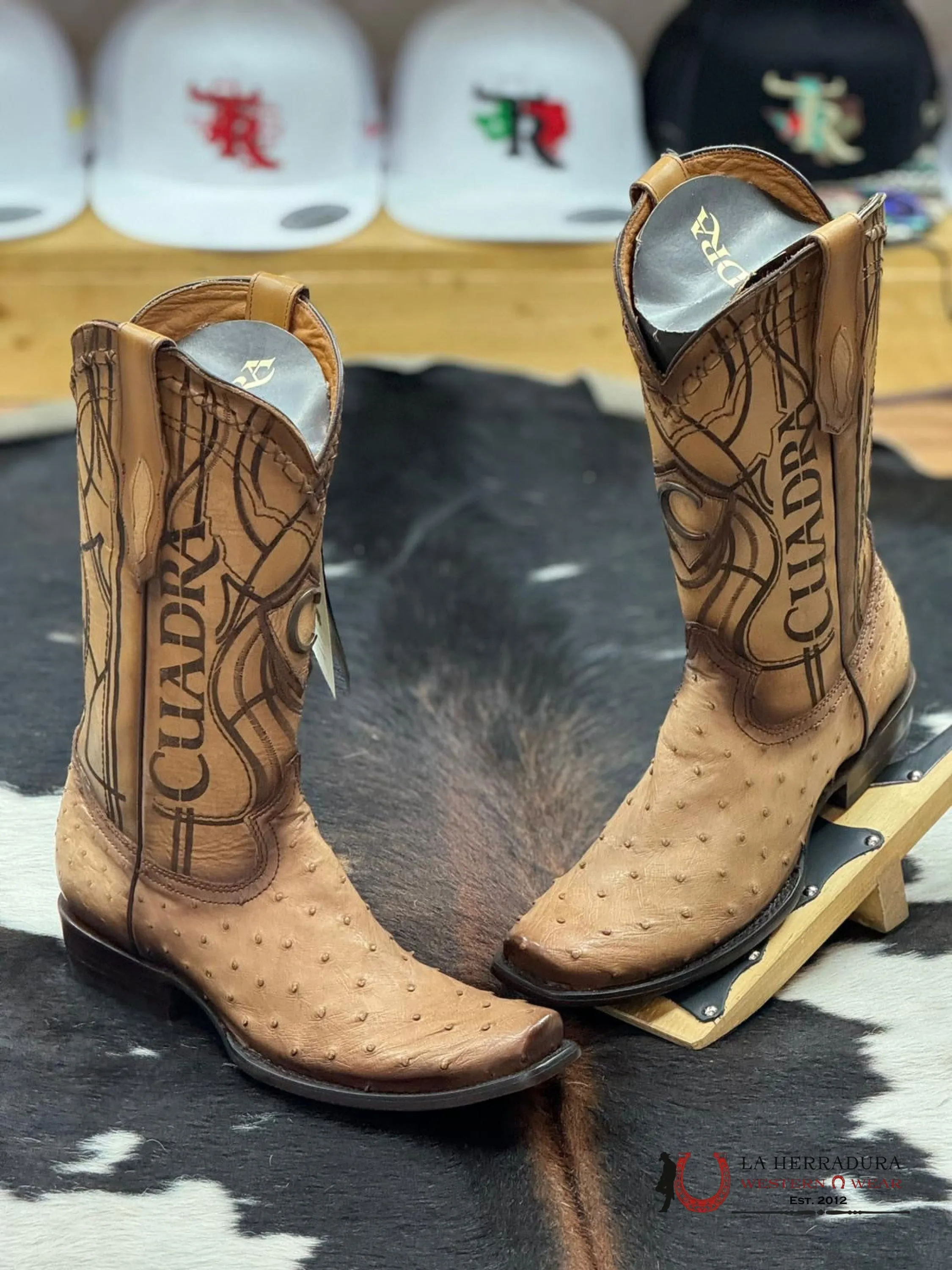 CUADRA BOOTS OSTRICH FLAME ORIX LASER & WOVEN NARROW SQUARE TOE