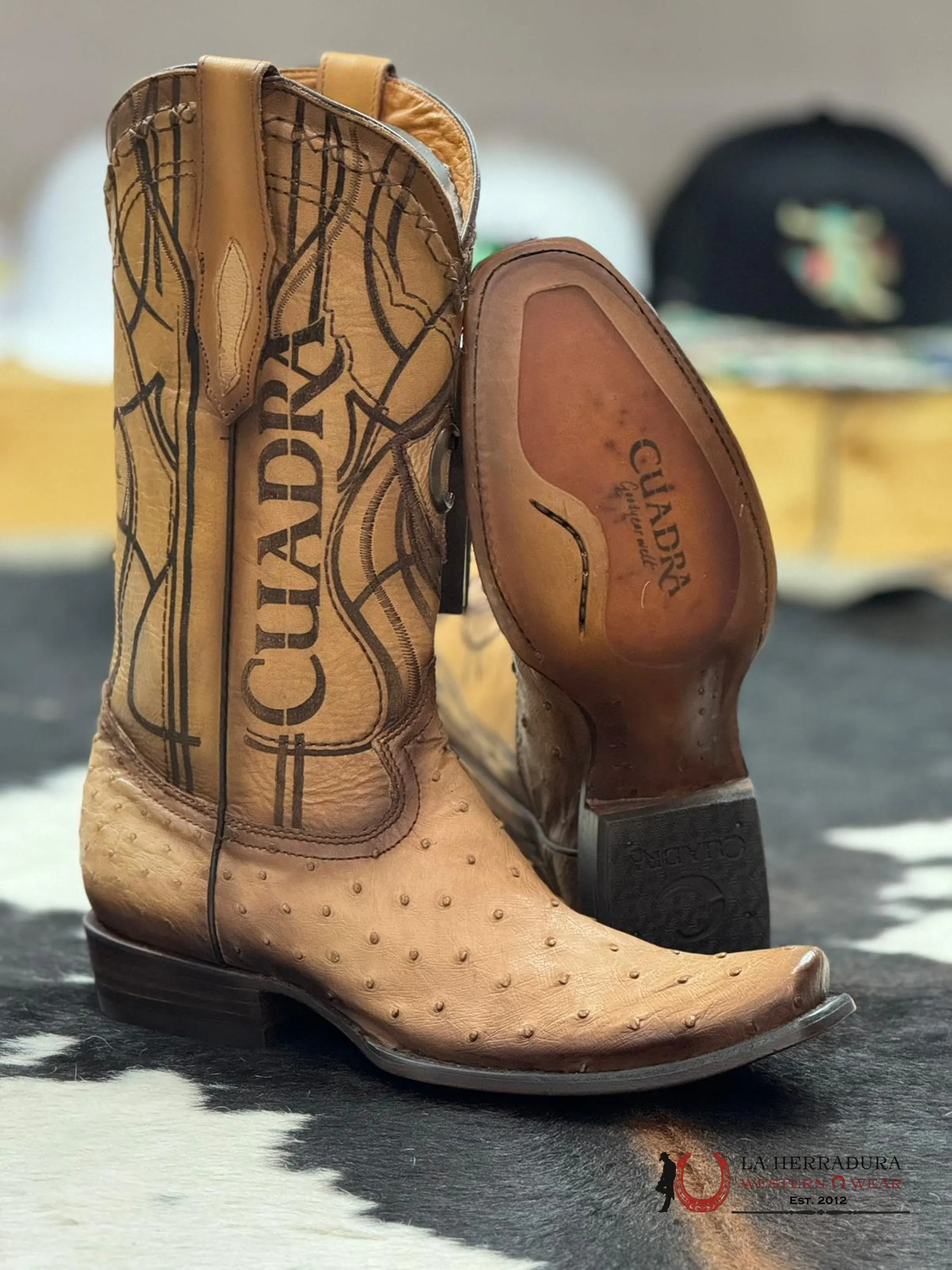 CUADRA BOOTS OSTRICH FLAME ORIX LASER & WOVEN NARROW SQUARE TOE