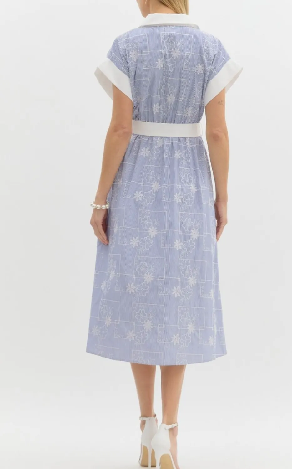 D25501 - Floral Embroidery Striped Dress