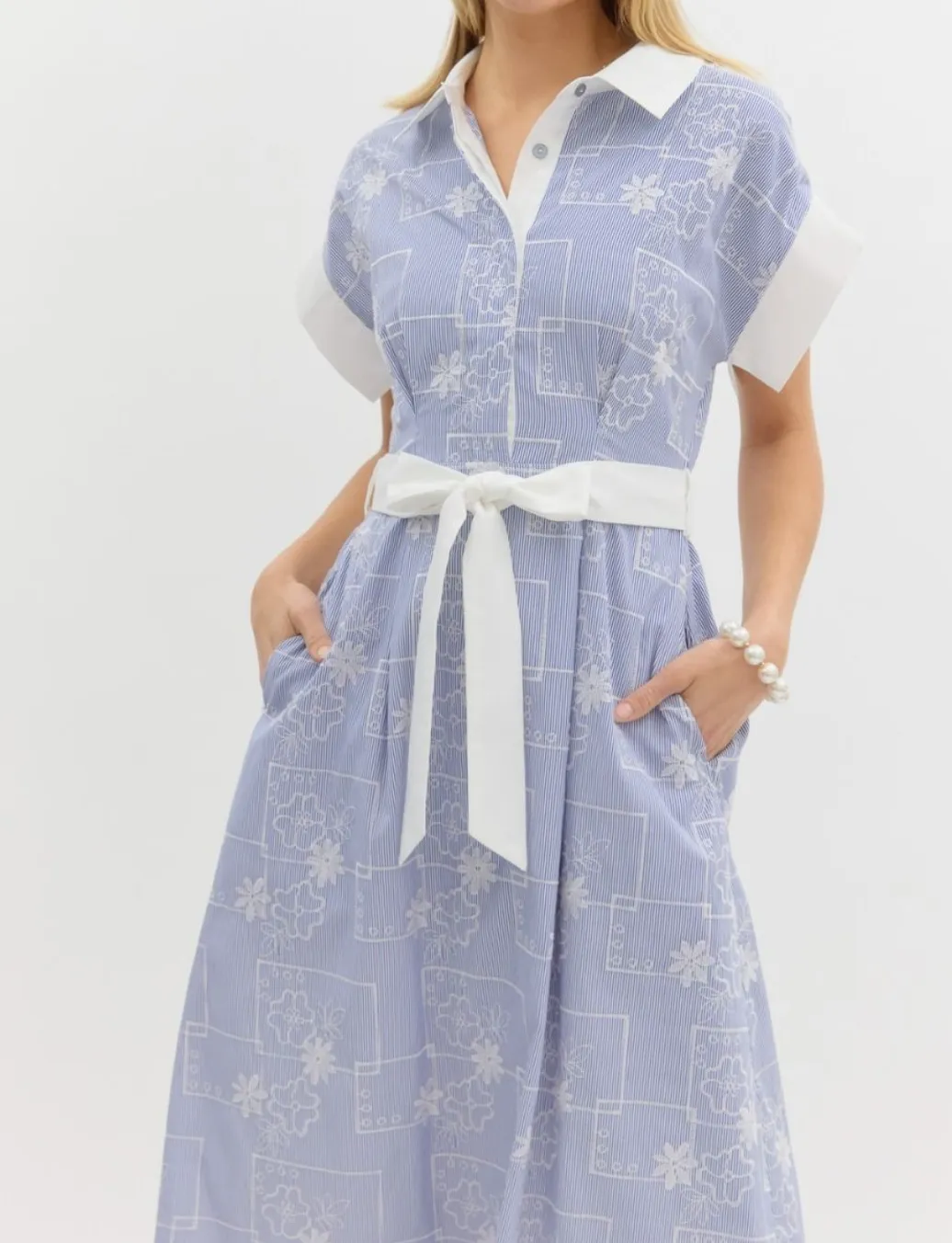 D25501 - Floral Embroidery Striped Dress