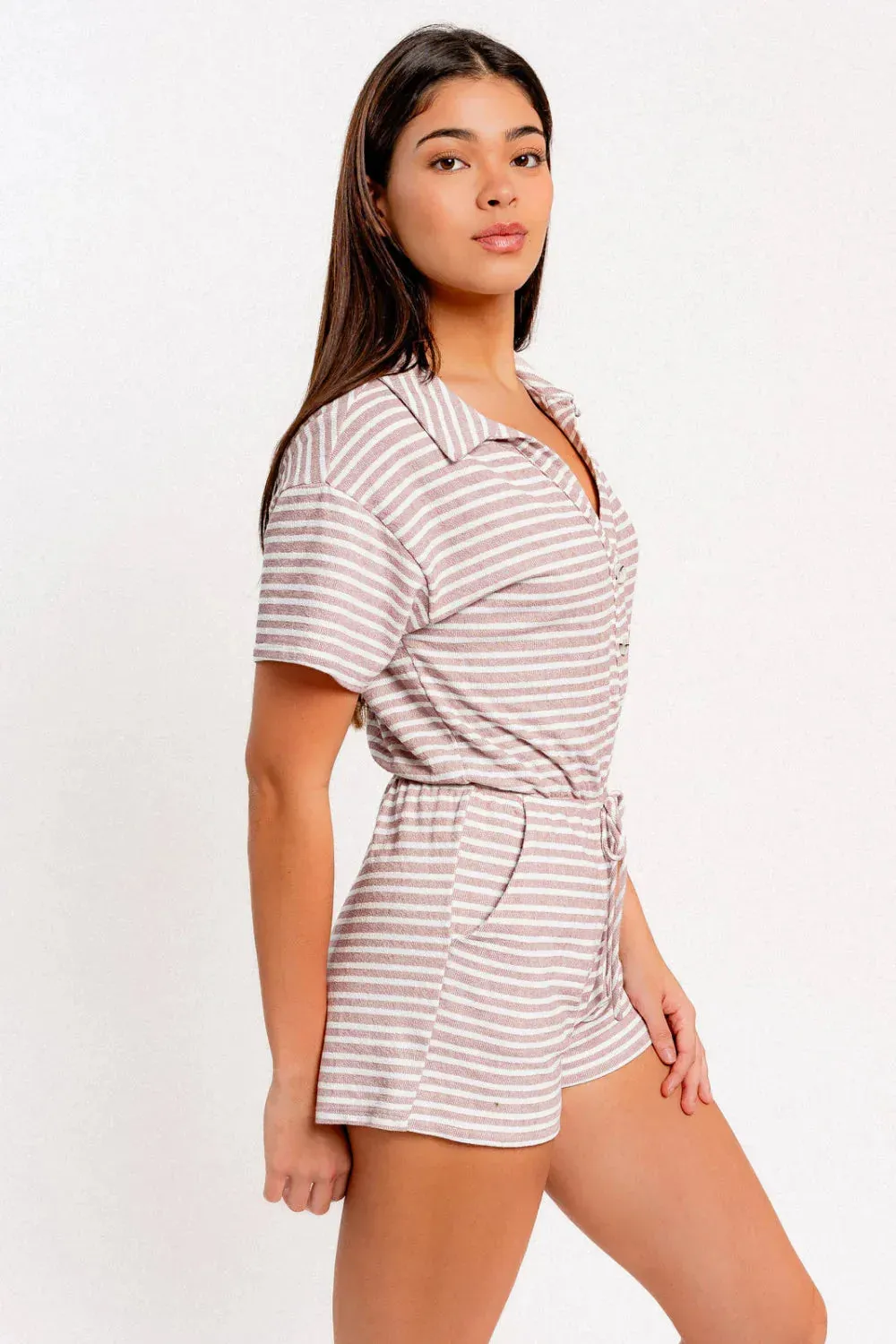 Drawstring Waist Collared Short Sleeve Romper